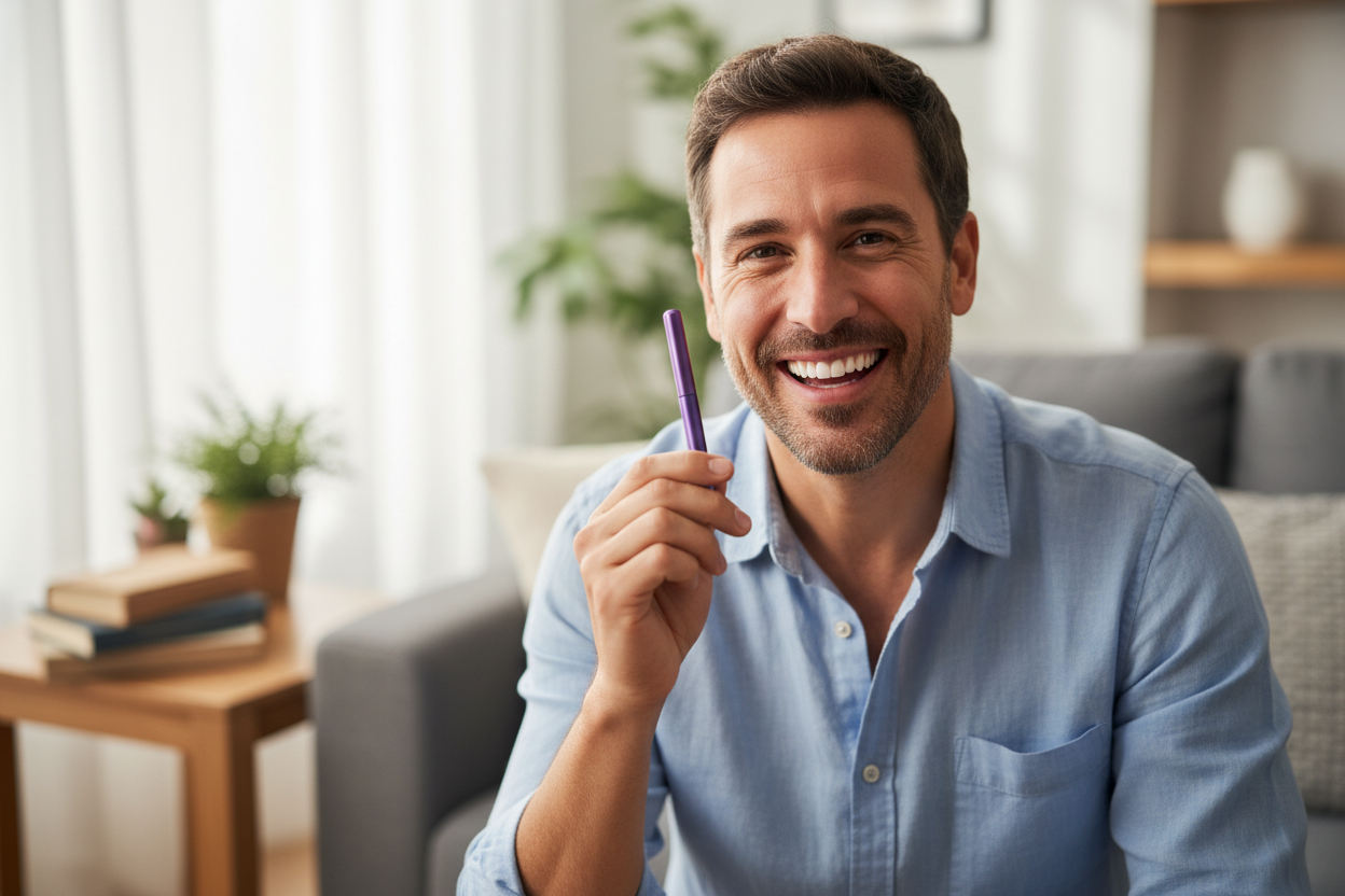 Sourire avec le produit